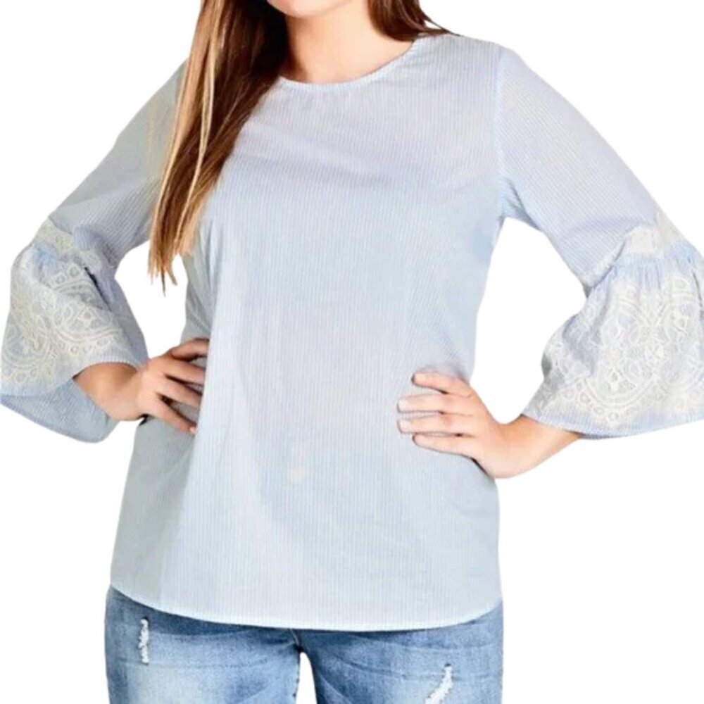 City Chic Striped Lace Trim Bell Sleeve Top 24 NWT